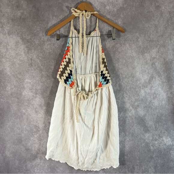 Hummingbird Mini Dress Women Large Ivory Crochet Embroider Open Back Hippie Boho - Picture 2 of 6